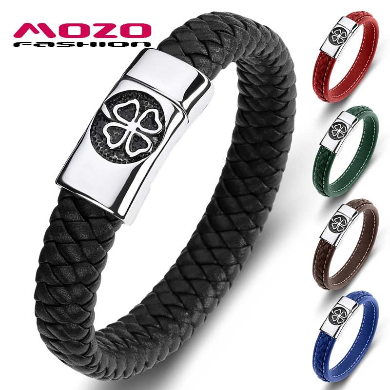 

MOZO FASHION Wholesale Price Popular Men Multi Color Leather Stainless Steel High Quality Four-Leaf Grass Jewelry 076