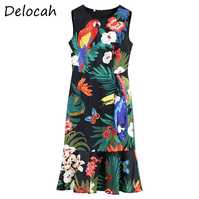 

Delocah Summer Women Fashion RunwayMidi Dress Sleeveless Ruffles Floral Print Elegant Bodycon Fit Party A-Line Dresses vestidos