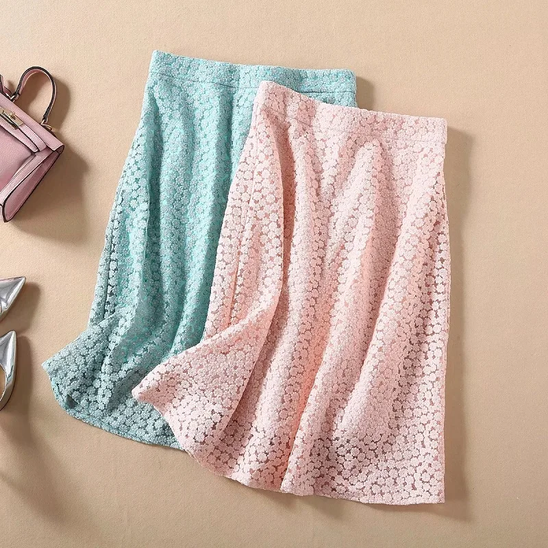 

High Quality Skirts 2020 Summer Fashion Pink Blue Skirts Women Luxurious Allover Embroidery Mid-Calf Elegant Skirts Female