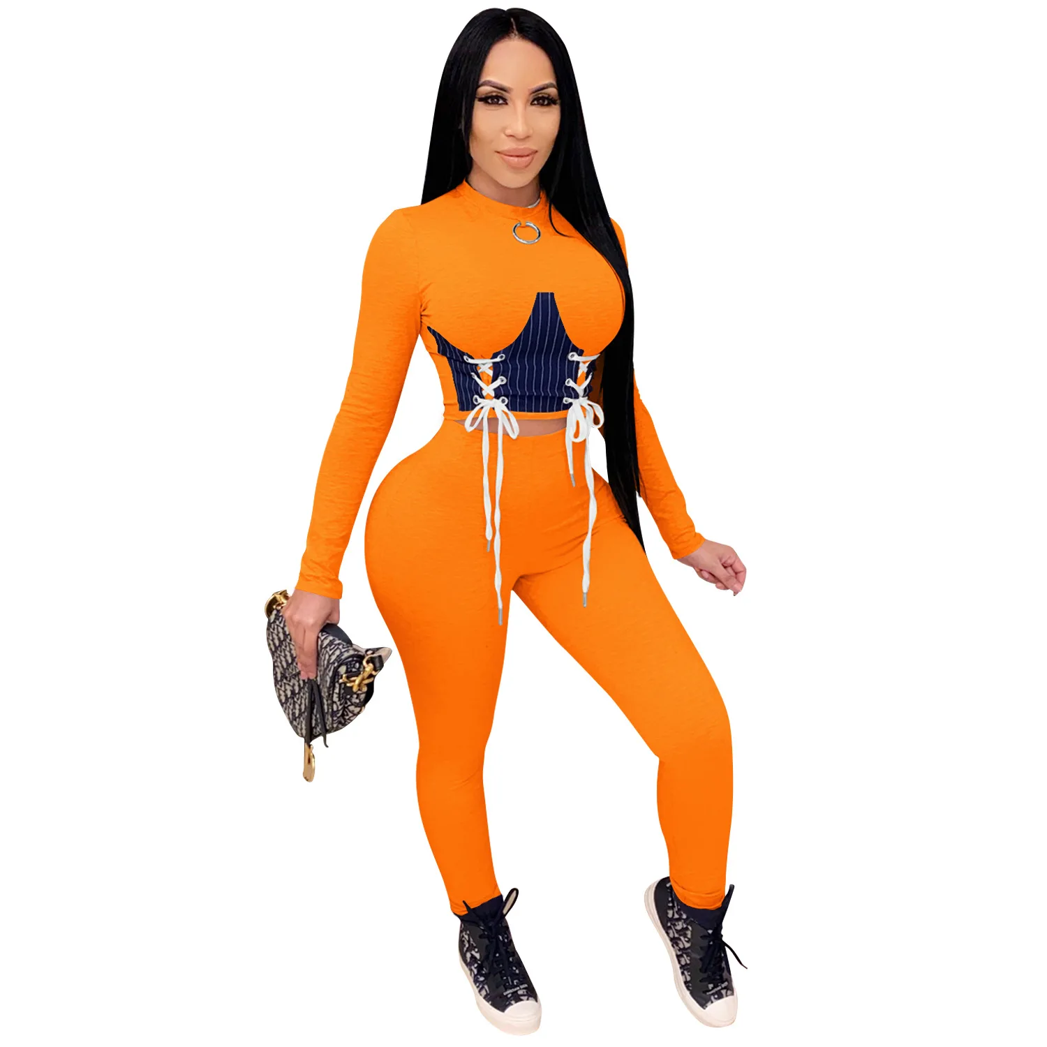 

Zoctuo Color Patchwork Two Piece Set Antumu Fashion Long Sleeve Women Set Outfits Lace Up Top Pencil Pants Set Suit Tracksuit