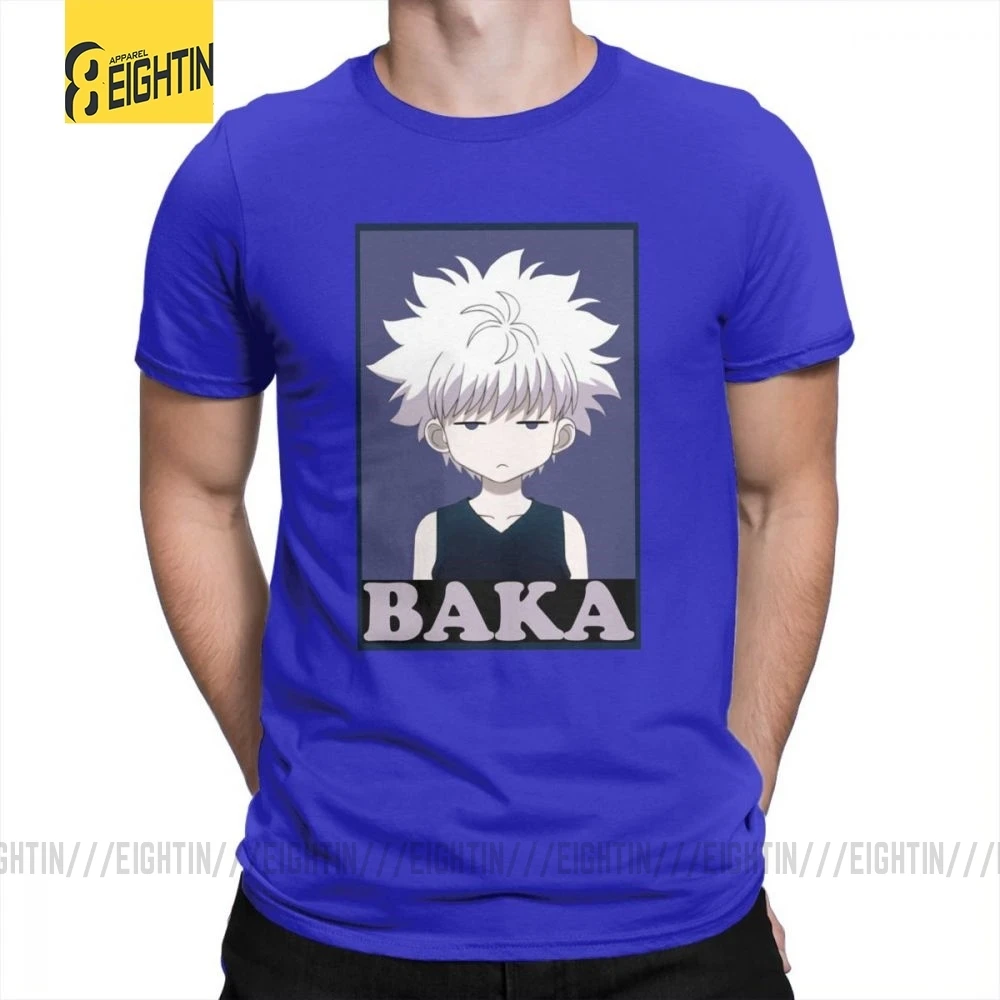 Охотник х Хантер футболки Killua Zoldyck Baka классический комикс о-образный вырез с коротким рукавом классический крой Чистый хлопок футболки мягкие мужские футболки - Цвет: Синий