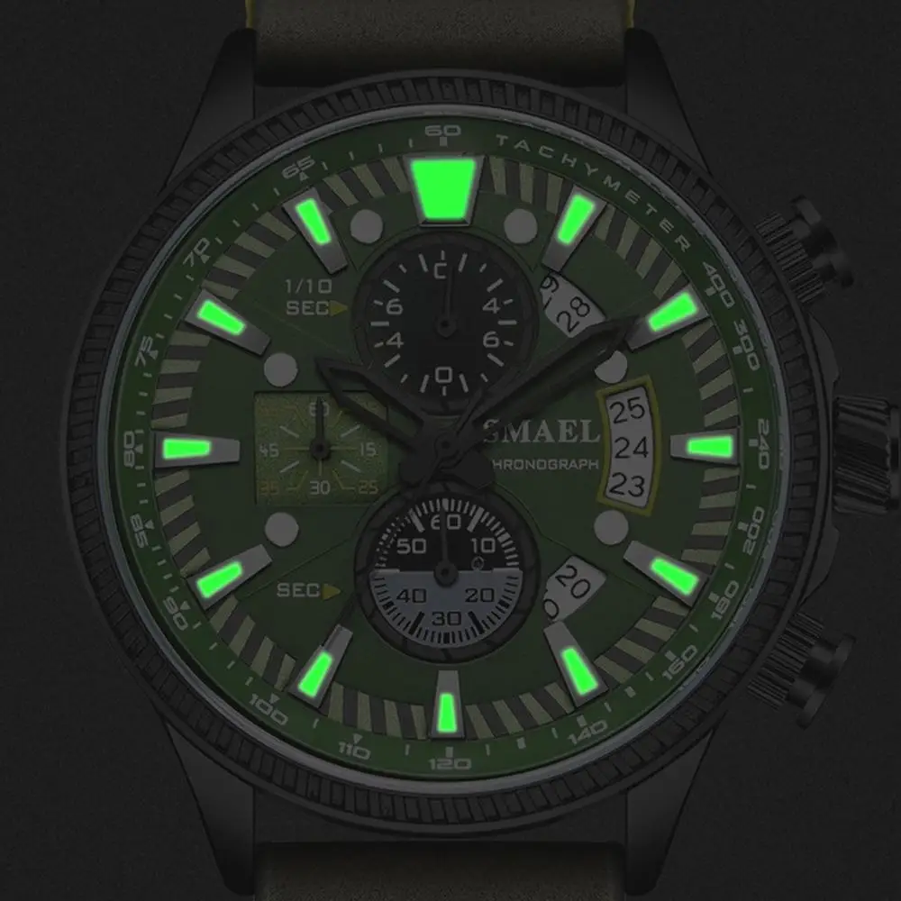 Мужские водонепроницаемые кварцевые часы с кожаным ремешком Smael зеленые