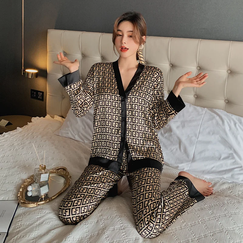 

Spring Autumn New Pajamas For Women Slumber Party Suit Nightwear Sleepwear Satin Set Kimono Lux Nightie Cute Loungewear 2PC