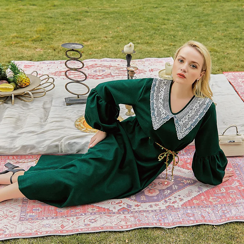 

Muslim Fashion Loose Lantern Sleeve Embroidered Solid Dress Femme Musulman Dubai Abaya Islam Dress for Women Caftan Turkish