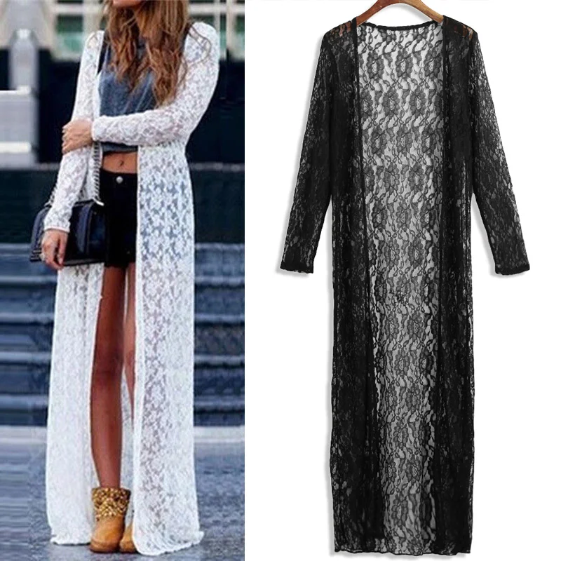 

Floral Lace Women Sweater Cardigan Blouse Semi Sheer Plus Size 5XL Solid Open Front Long Elegant Summer Beach Cover Up Cardigan