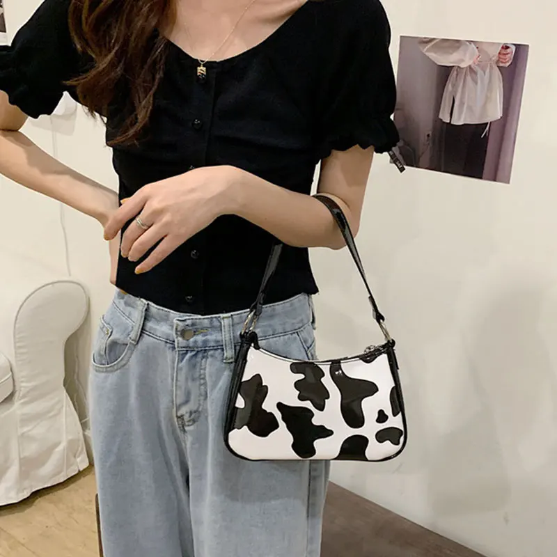 

Vintage Milk Cow Pattern Women Baguette Handbags PU Leather Fashion Ladies Underarm Shoulder Bags Girls Cute Purse Shoulder Bag