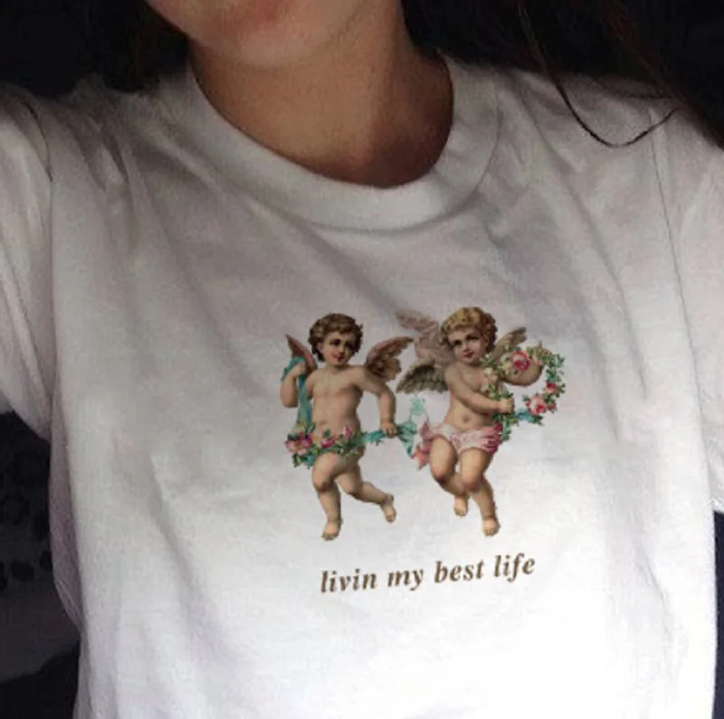

Cute Angel Kiss Living Best Life T Shirt Painting Tumblr Unisex Women Men Summer Harajuku Casual Hipster Grunge Shirts Tops