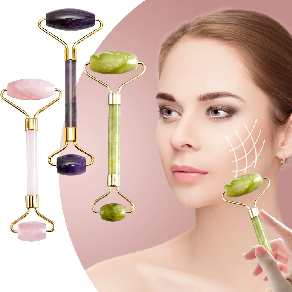 

Jade Stone Rollers Massager For Face Green Quartz Natural Stone Slimming Lift Up Facial Beauty Roller Skin Care Tools