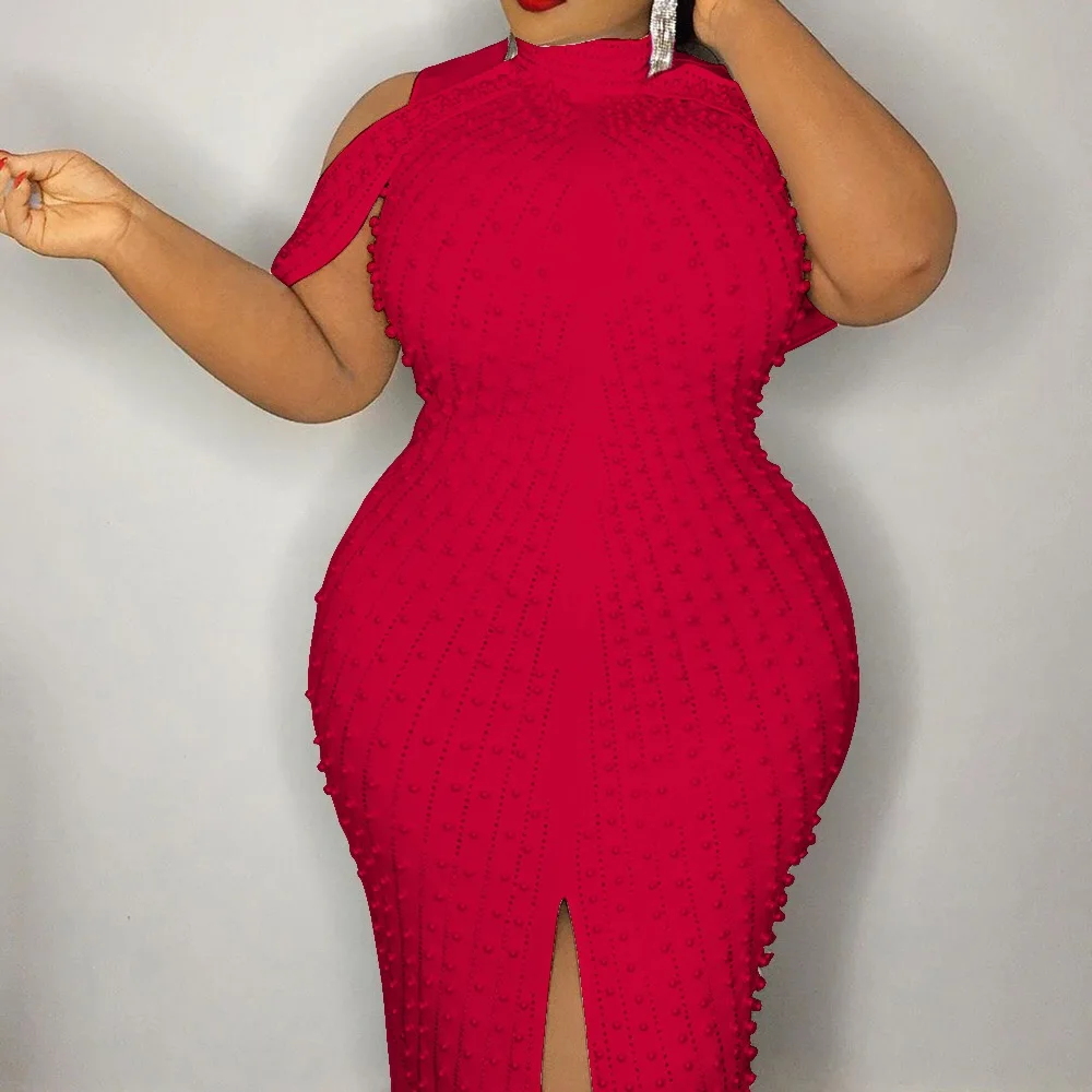 

4XL 5XL Oversized Beaded Dresses for Women Bodycon Cold Shoulder High Waisted Split Elegant Luxury Evening Night Party Vestidos