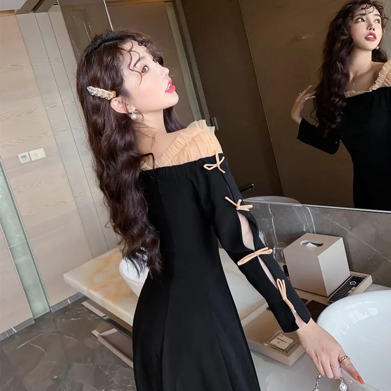 

Женское цельное платье в Корейском стиле, офисные винтажные черные платья во французском стиле с длинным рукавом, воротником-лодочкой и выс...