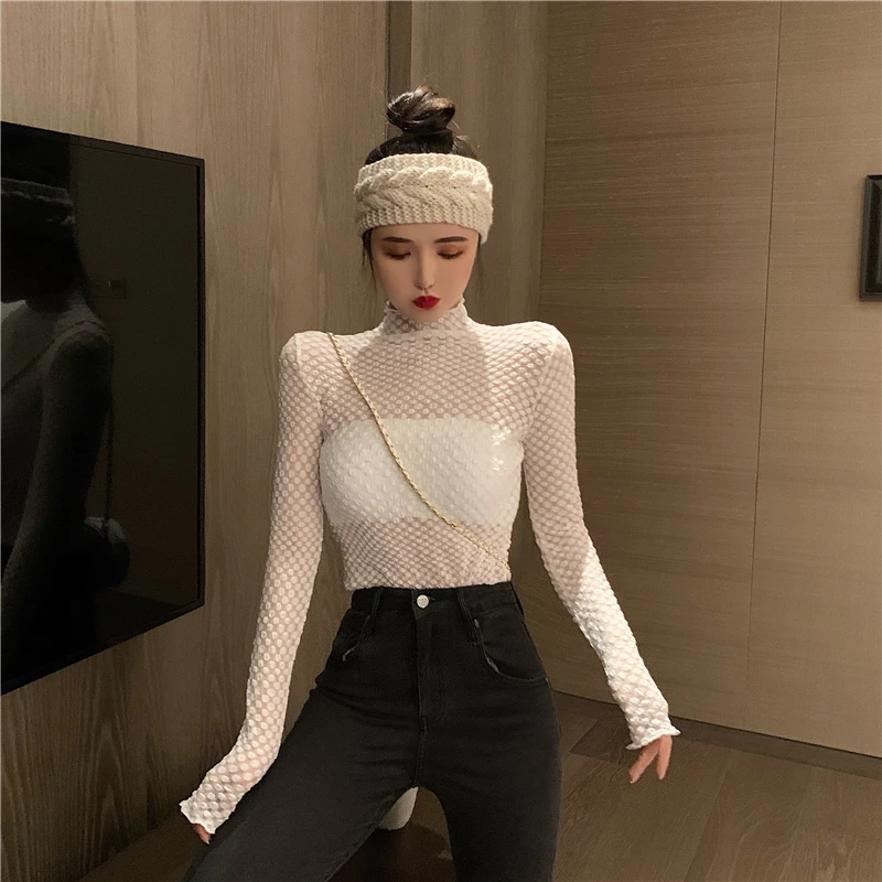 

see through top women sexy style T-shirt spring autumn turtleneck new solid chic Women's Clothing Tees ladies tops fashion