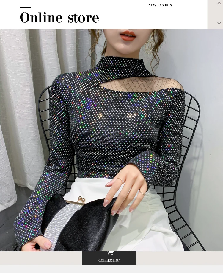 

2020 Autumn and Winter New Western Style Sexy Shiny off-Shoulder Clavicle Top Half Turtleneck Bottoming Shirt Female Inner Wear
