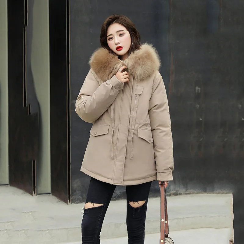 

Fashion Warm Cotton Liner Short Hooded Down Parka Coat Winter Jacket Women Casual Adjustable Waist Fur Collar Jacket Parka Snow