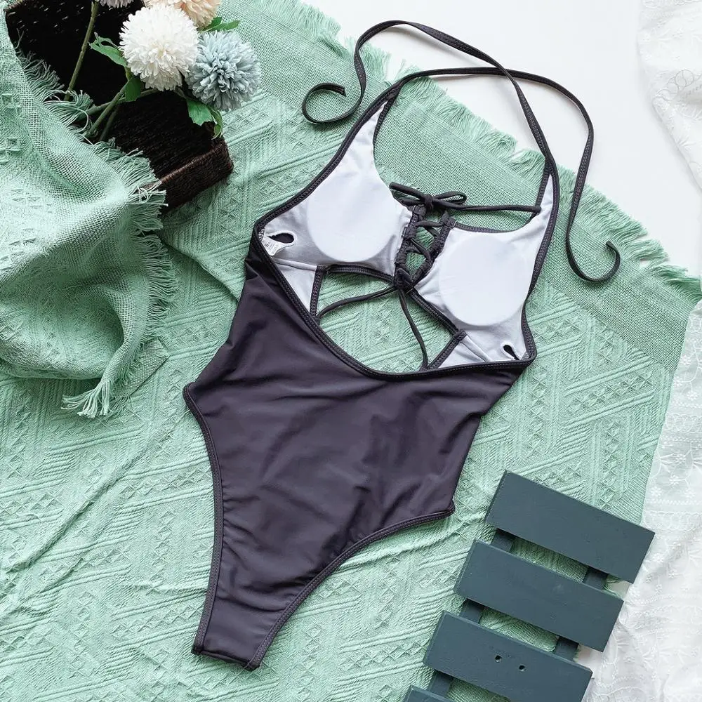 

2020 Sexy Women Biquini Solid Swimwear Drawstring Hollow Out Bikini Push Up Backless Bandage Beachwear Paded One Piece