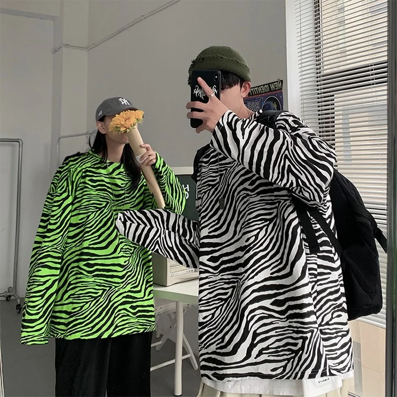 

2021 Spring New Long Sleeve T-shirt Zebra Pattern Couples Pullover Tops Loose Casual O-neck T-shirt Homme Fashion Streetwear Men