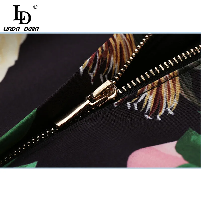 

LD LINDA DELLA Fashion Designer Summer Dress Women's Short Sleeve Vintage Rose Floral Print Beading Midi Vacation Dresses