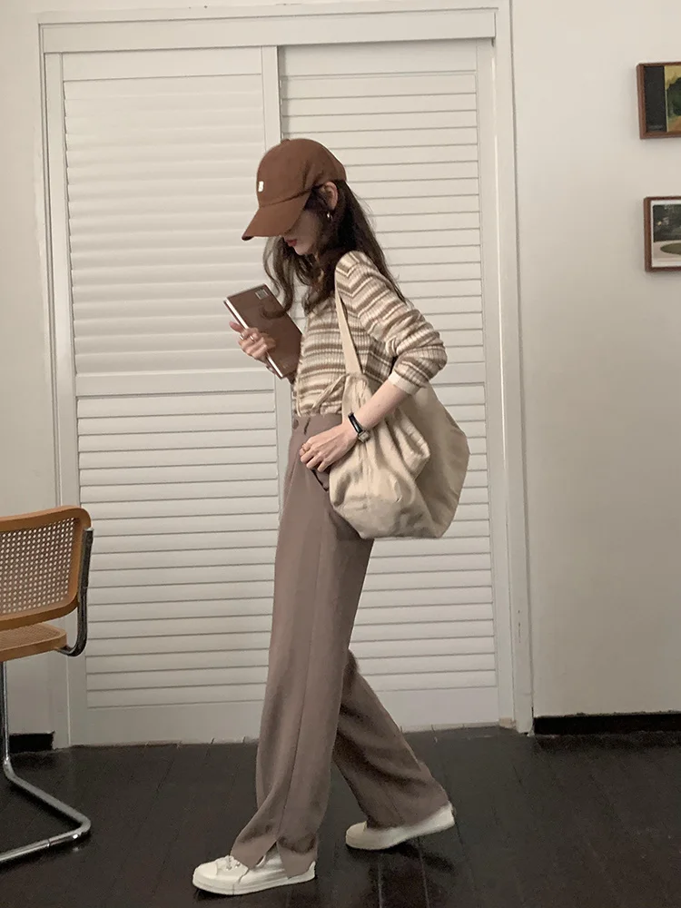 Черные темпераментные брюки женские вертикальные прямые с высокой талией костюм