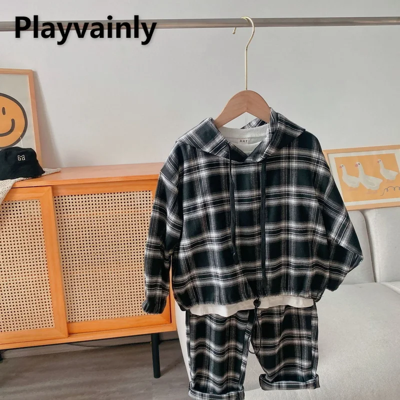 

Кофта с капюшоном и штаны, для мальчиков и девочек, в клетку, с длинными рукавами, спортивный пуловер, осень 2021, E416