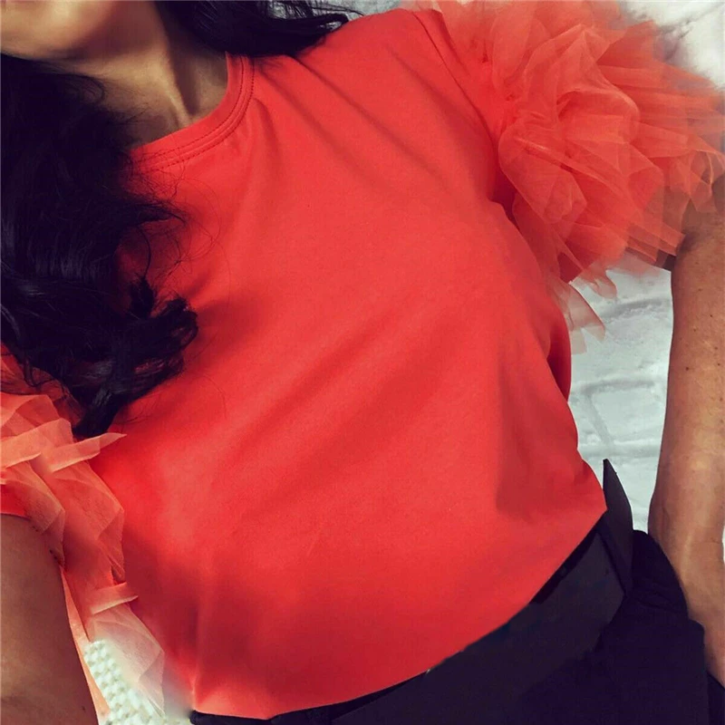 Fashion New Ladies Frill Tulle Tiers Mesh Sleeve Summer Cotton T-Shirt Top Novelty T shirt Robe Femme | Женская одежда
