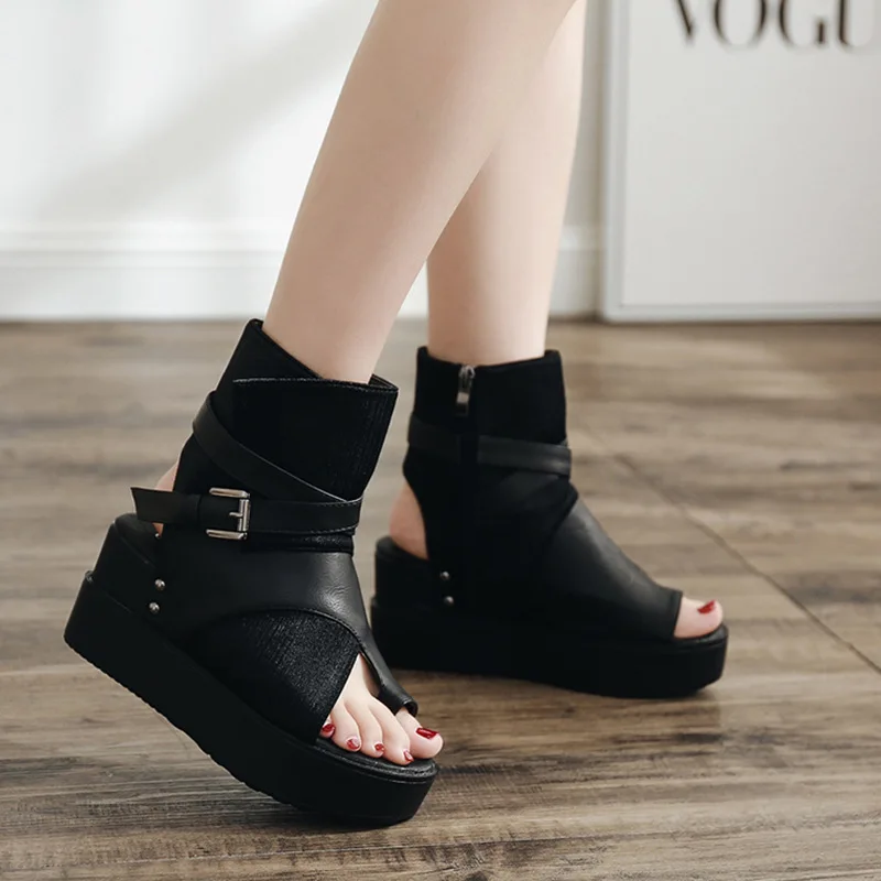 

Women's Sandals High-top Mesh Sandals Cross Zipper Open Toe Sandals Platform Sandals Flat Casual Shoes High Heels Retro Sandals