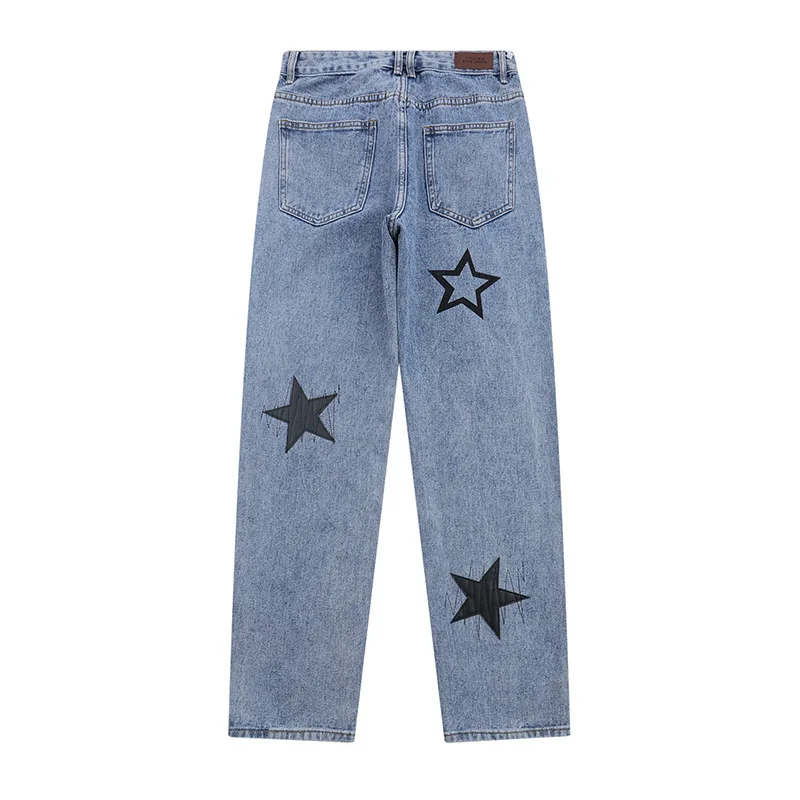 2021 Stylish Star Embroidery Distressed Washed Men Hip Hop Jeans Trousers Retro Casual Straight Women Denim Pants Pantalon Homme