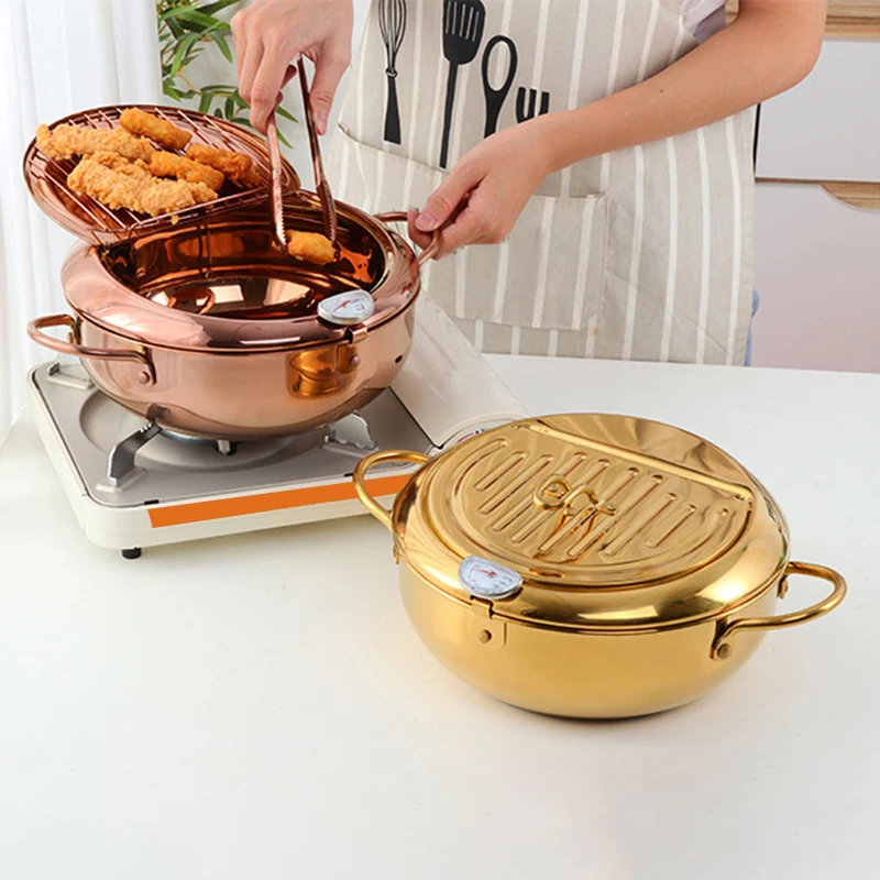 

Stainless Steel Frying Pot with a Thermometer and a Lid Deep Tempura Fryer Pan Skillet Kitchen Tools