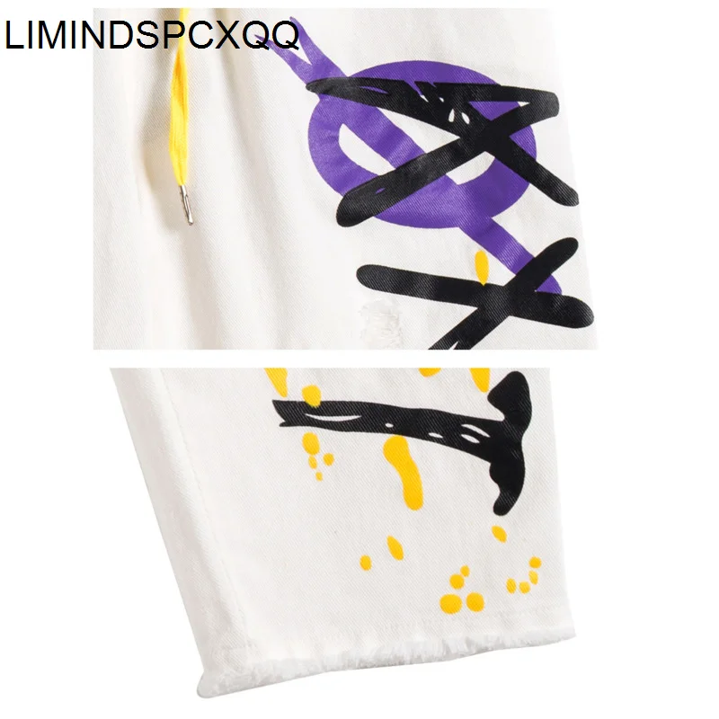 

LIMINDSPCXQQ 2021 Korean Summer Women Lace Up White Trousers Ladies Ripped Holes Jeans Female Punk Painted Washed Denim Pants