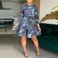 women dress long sleeve o neck camo printed pleated ruffle bandage pullover casual summer fall 2021 new