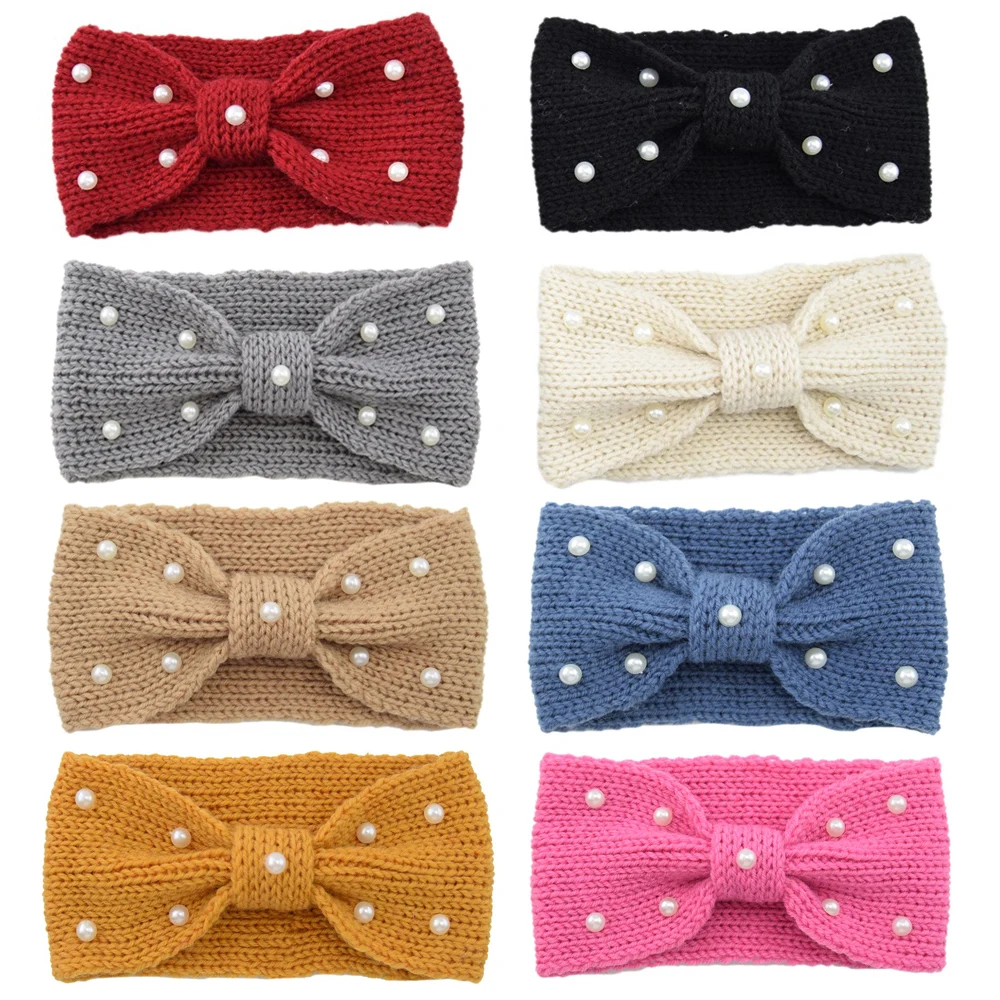 Зимняя теплая вязаная повязка на голову с ушками тюрбан Женский вязаный бант