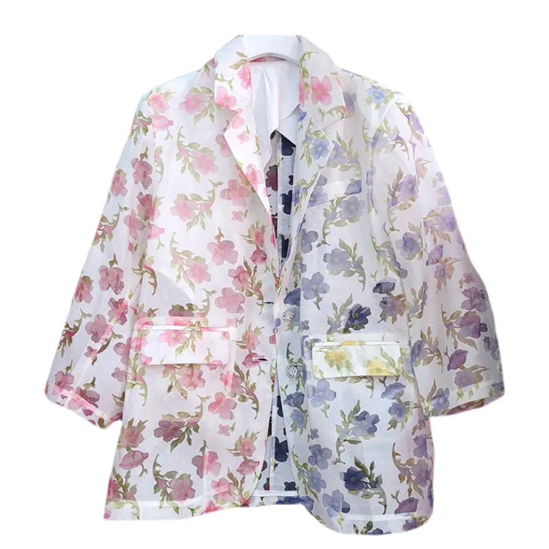 

SeeBeautiful Casual Flower Printed Thin Loose Blazers Coat Notched Long Sleeve Pockets Button New Fashion 2021 Summer Women E730