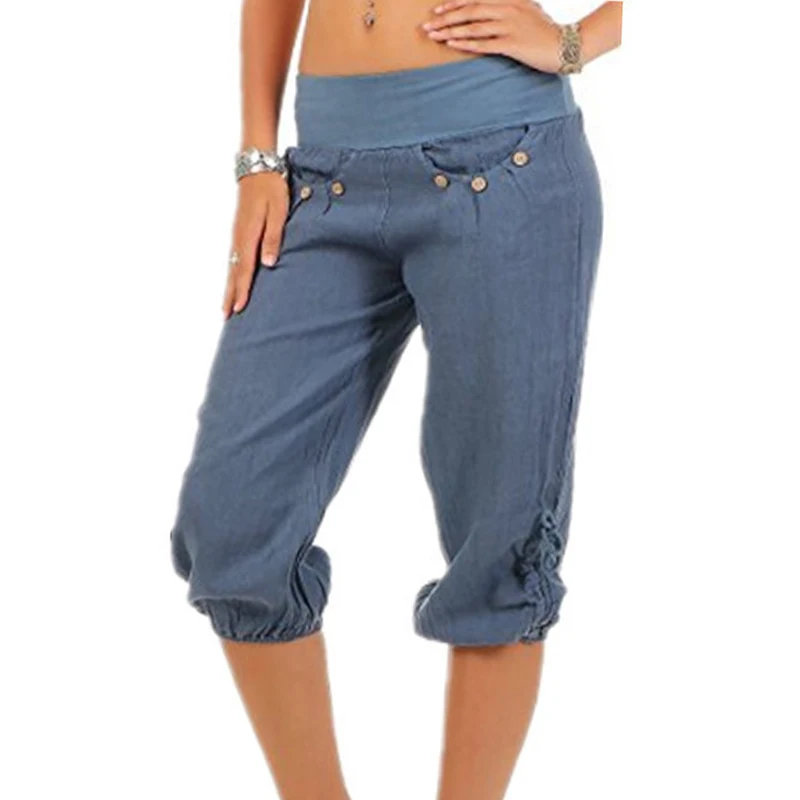 

Plus Size Lantern Pants Women Solid Color Elastic Mid Waist Calf-length Bottoms Pants Pleated Buttons Loose Ladies Trousers