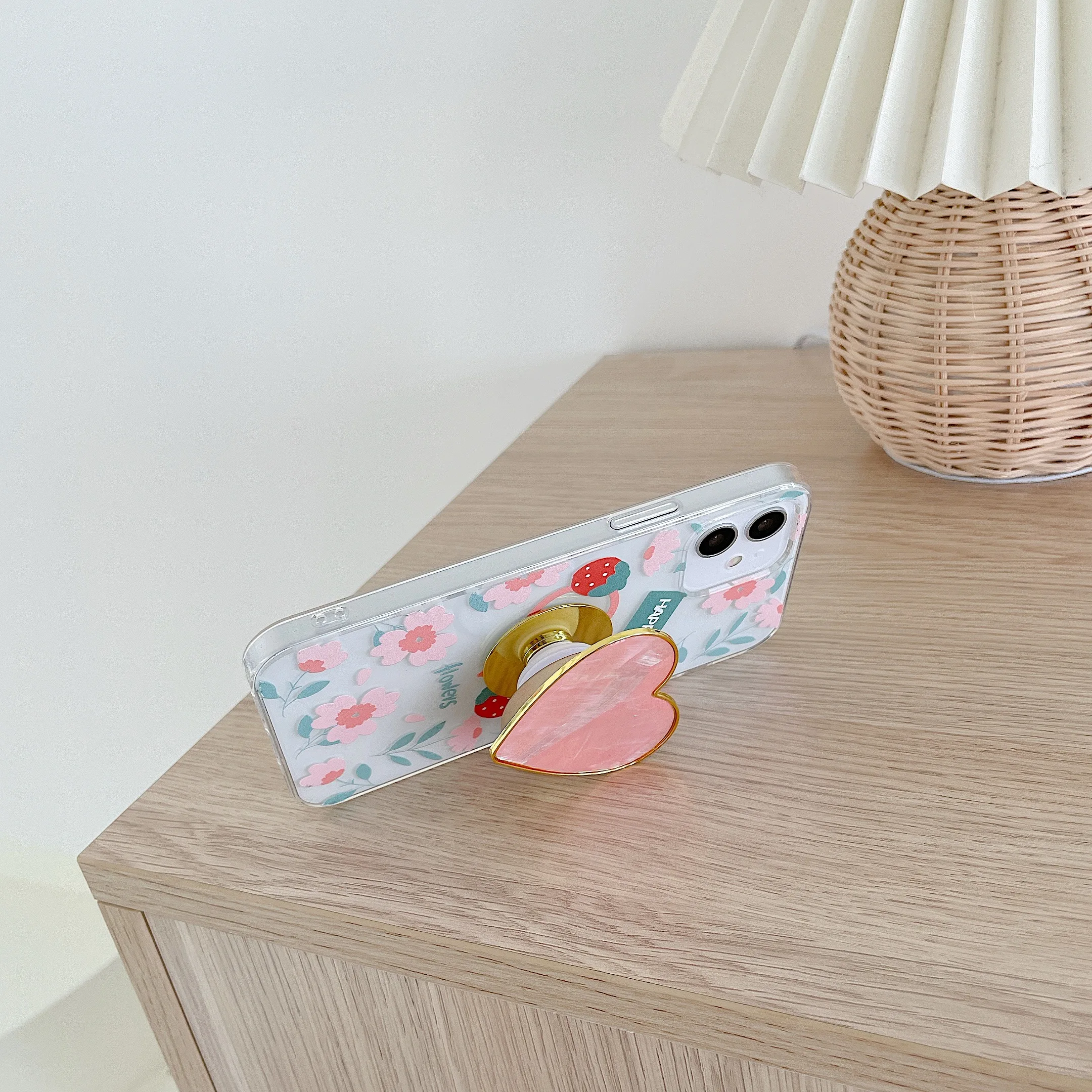 

Pink Flower Love Heart Holder Phone Case For Iphone 12 Mini 11 Pro Max 7 8 Plus X XS XR SE 2020 Clear Soft Silicone Back Cover