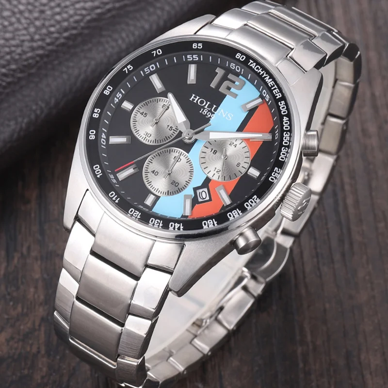 HOLUNS Mens Watches Waterproof Quartz Wristwatch Multifunctional Movement Stainless Steel Gifts For Man Sport Business Colorful | Наручные
