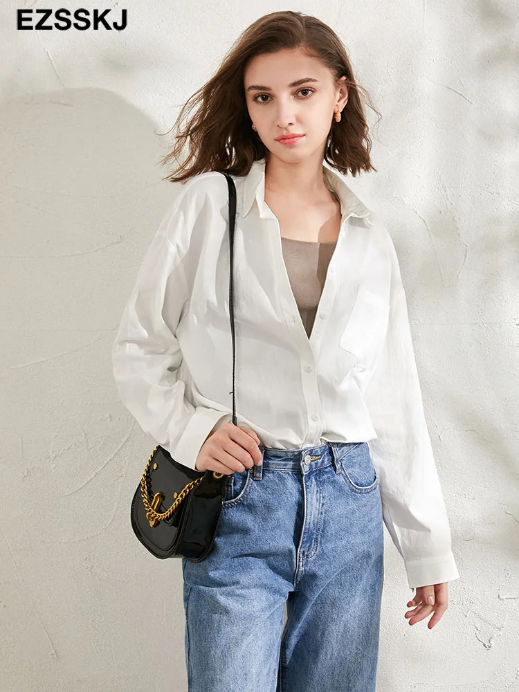 EZSSKJ новинка 2021 шикарная повседневная женская рубашка однотонная длинная