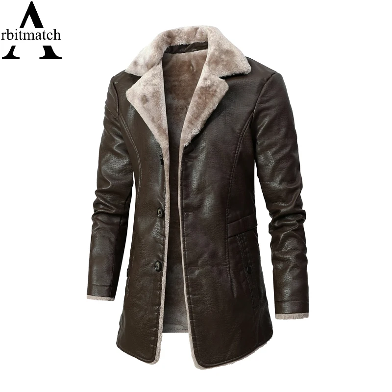

Winter Long Man's Leather Jacket Thicken Plush Liner Man's Coat Motorcycle PU Vintage Jacket Male Outwear Overcoat Mans Clothing