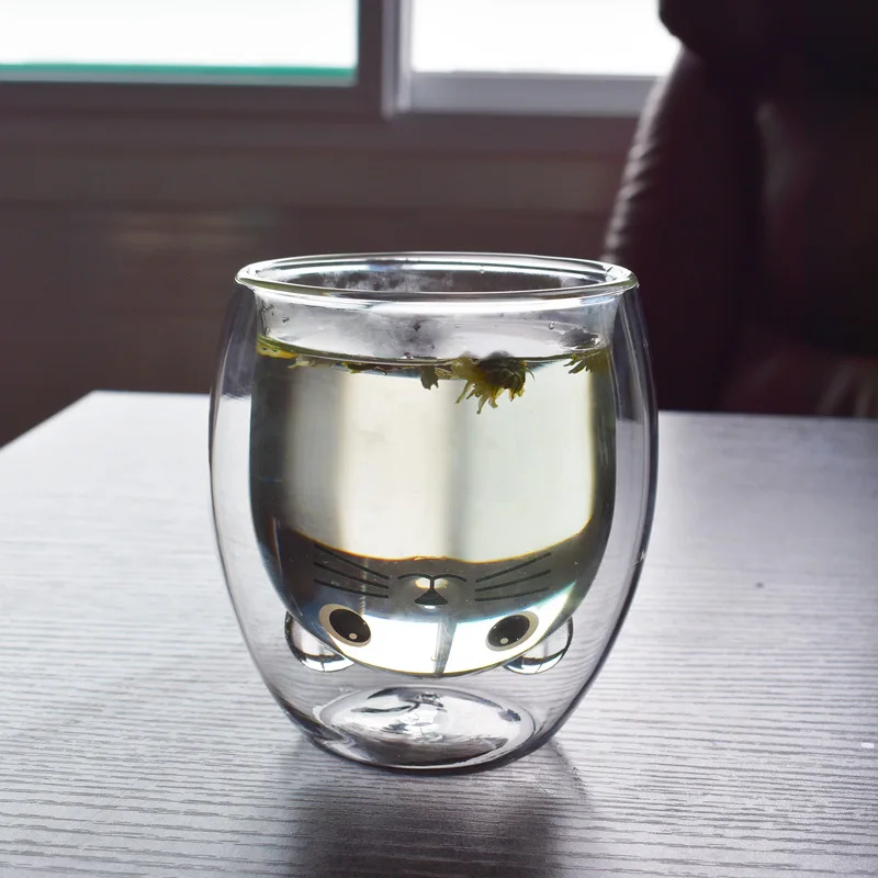 Двойная Изолированная стеклянная чашка креативная большая кошачий узор пара