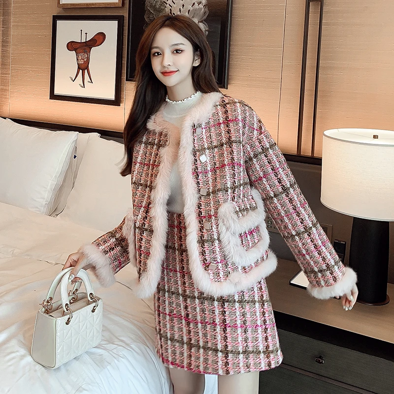 

Cashmere 2020 winter new style small fragrant coat fashion suit coarse tweed foreign style coat age reduction two piece suit