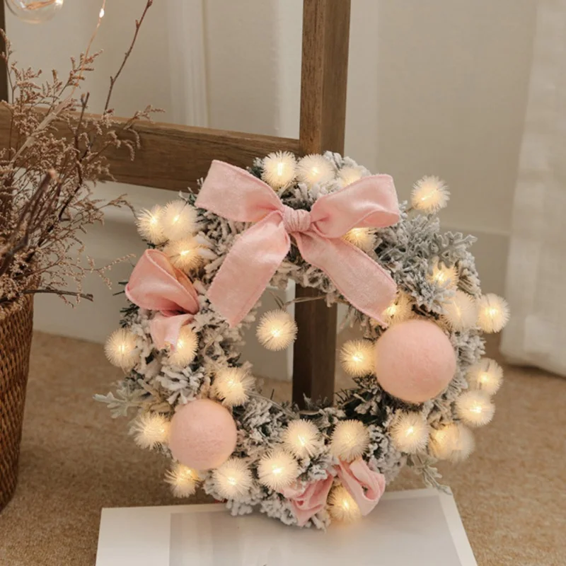 

For Front Door Window Wall Hanging Decor Hot New Christmas Wreath With LED String Light Bowknot Plush Balls Decorated Garland
