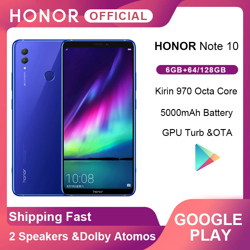 Оригинал Honor Note 10 Google Play смартфон Kirin 970 четыре ядра 6 95 дюймов 24MP + 16MP AI камеры 5000 мАч