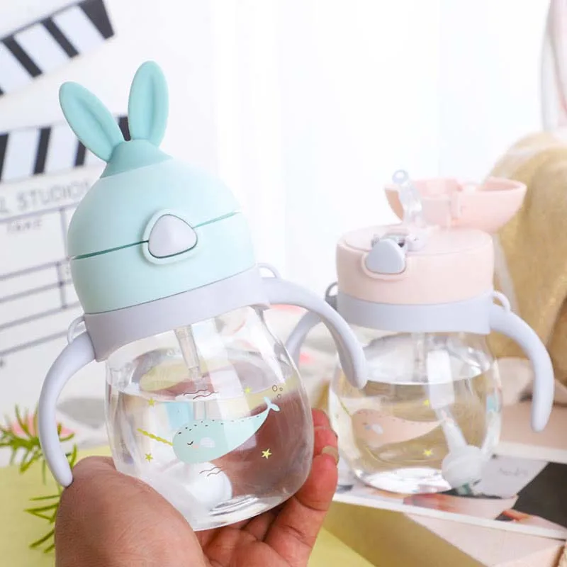 320ml Baby Kid Straw Cup Cartoon Animal School Drinking Water Straw Bottle Straw Sippy Cup With Shoulder Strap