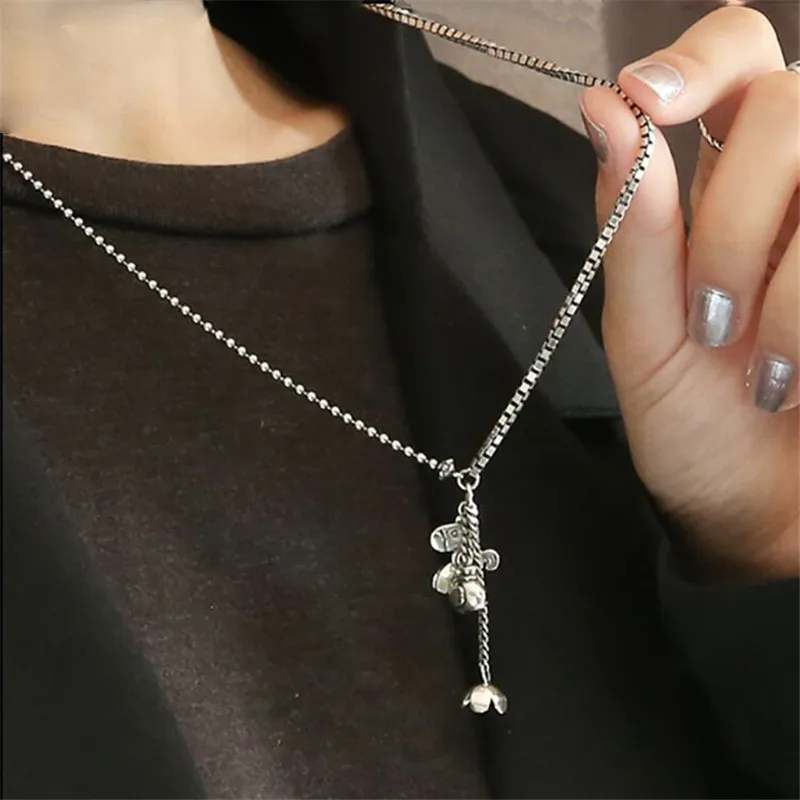 

Women Vintage Box Beads Chain Fashion Necklace Female 925 Silver Horse Pendant Retro Style Distressed Minimalist Niche Necklace