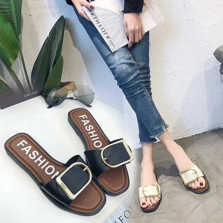 Women's Fashion  Slippers Flat Flat-heel Metal Buckle Slippers Beach Shoes Woman Slippers Shoes for Women Women Shoes