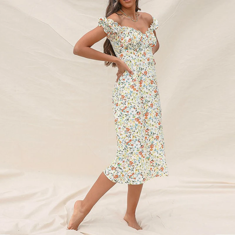 

Floral Print Off Shoulder Summer Dress Women Boho Long Side Split Dress 2021 Female A Line French Style Holiday Party Sundress