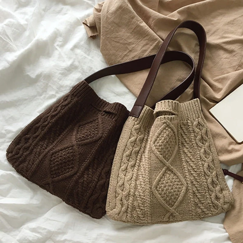 

New Wool Knitted Shoulder Shopping Bag For Women Vintage Fashion Cotton Cloth Girls Tote Shopper Bag Large Female Handbag
