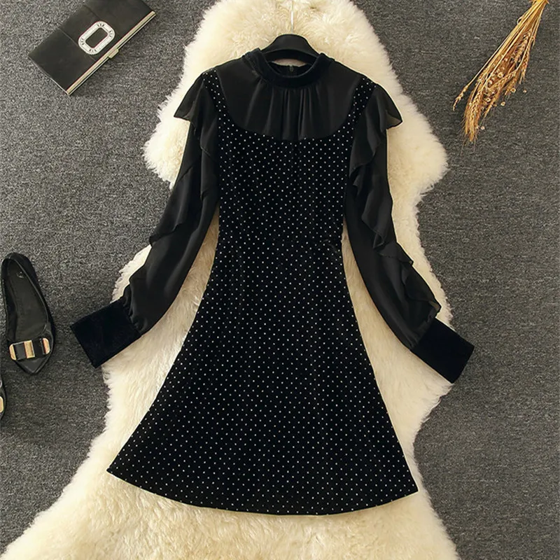 2020 весенне новое черное платье с оборками в горошек рисунком из кусков бархат