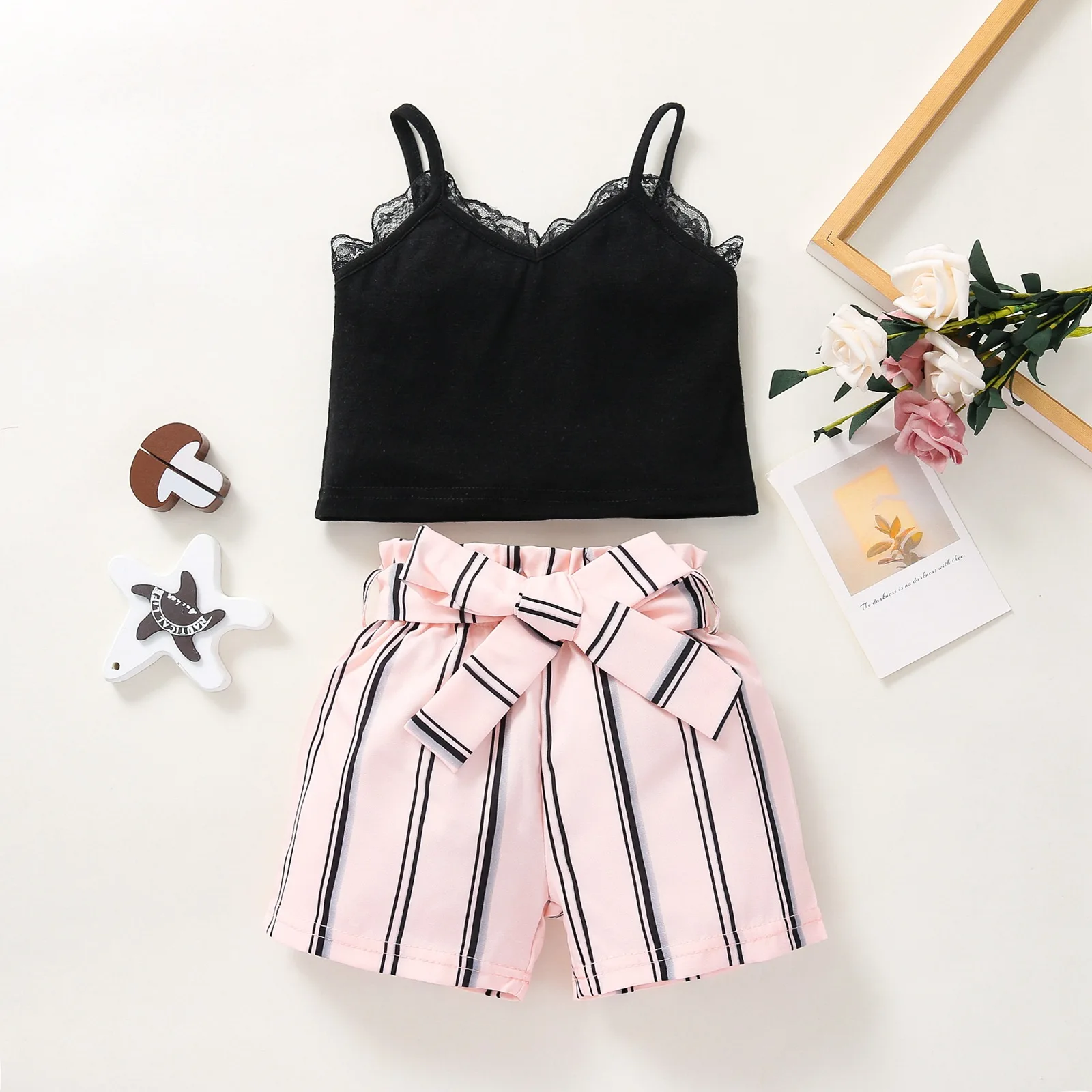 

2021 Baby Girls Clothes Set, Solid Color Sleeveless V-neck Cropped Tops with Lace+ Striped Short Pants