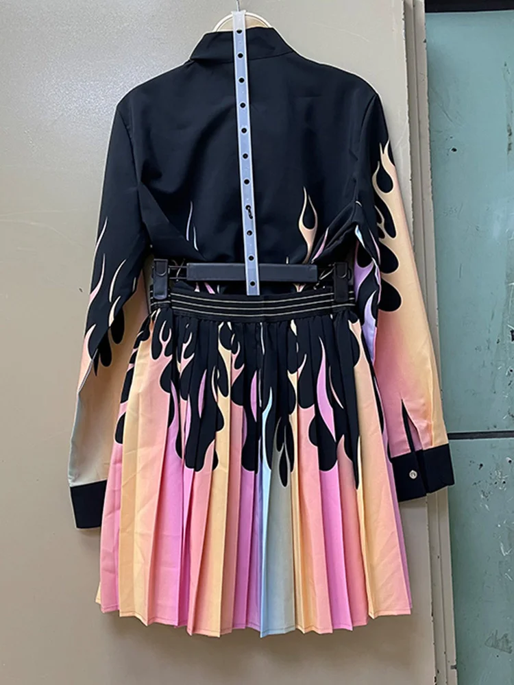 

Multicolor Retro Print Lace Bowknot Neck Loose Two-piece Shirt Ladies' Autumn New Style + High Waist Pleated Skirt Set