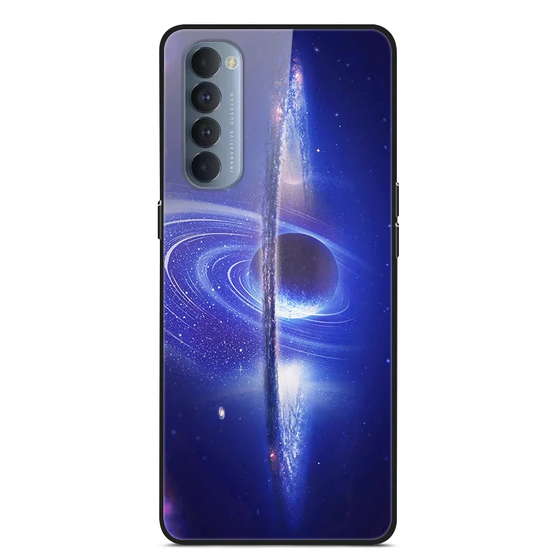 

Case For OPPO Reno 4 Pro Back Phone Cover Black Silicone Bumper With Tempered Glass Star Sky Series
