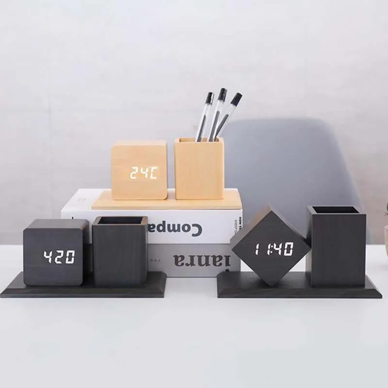 Часы светодиодные деревянные бесшумные Настольные Цифровые с голосовым