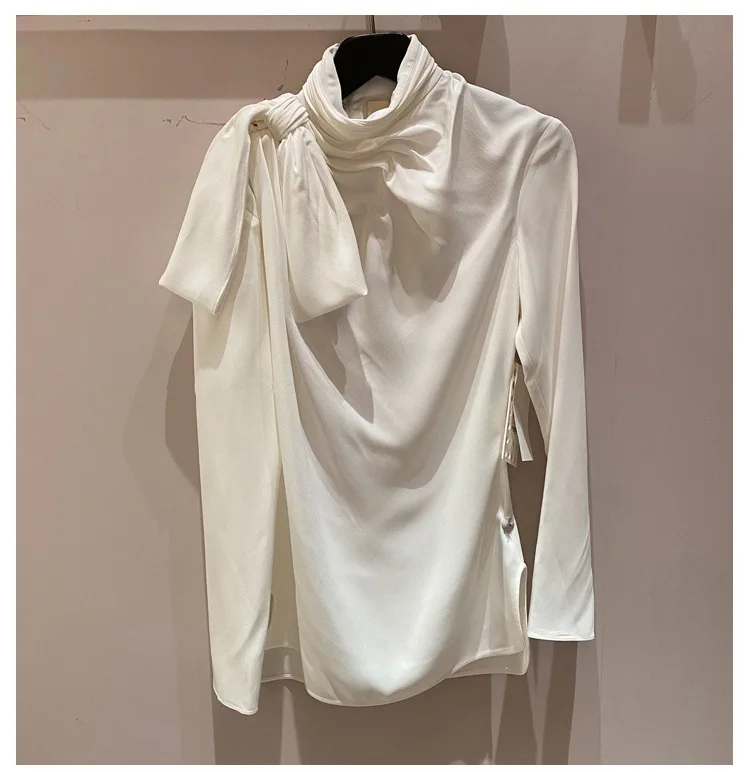 

Stand Collar Trendy Shirts Women 2021 Spring New Irregular Pleated Silk All-Match Bow Slimming Long Sleeve Blouses Ladies Tops
